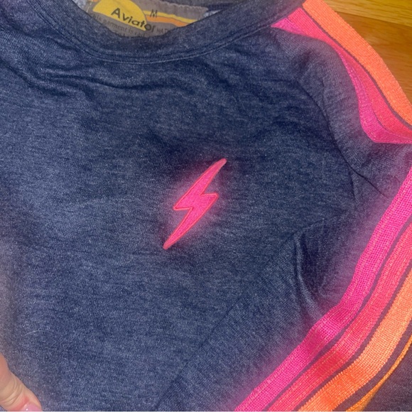 Women’s Aviator Nation Striped Cropped Sweatshirt Heather Navy/Neon Stripe M - Picture 3 of 3